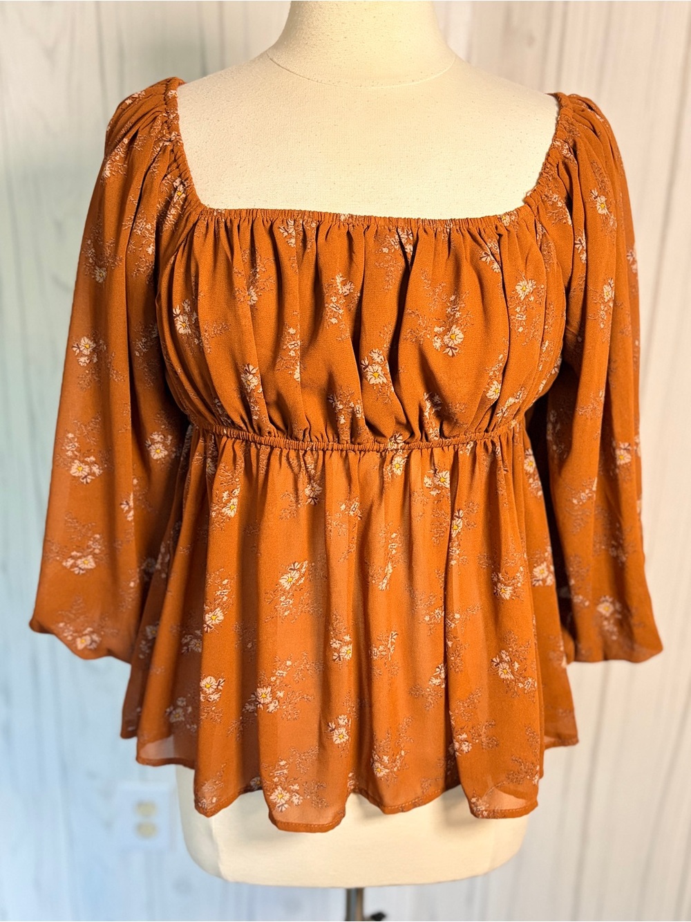 EASEL 3/4-Balloon Sleeve Floral Babydoll Style Blouse, Medium, Amber Cottagecore